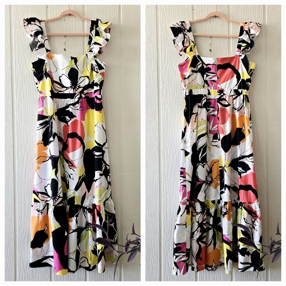 LONDON TIMES Retro Floral Ruffled Maxi Sundress Festival Lined Multicolor sz 12
